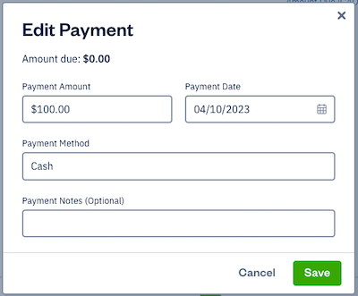 Edit payment box with fields to fill out.