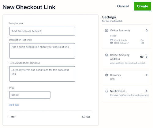 New checkout link with fields to fill out.