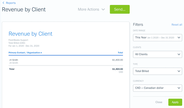 Filters on the revenue by client report.