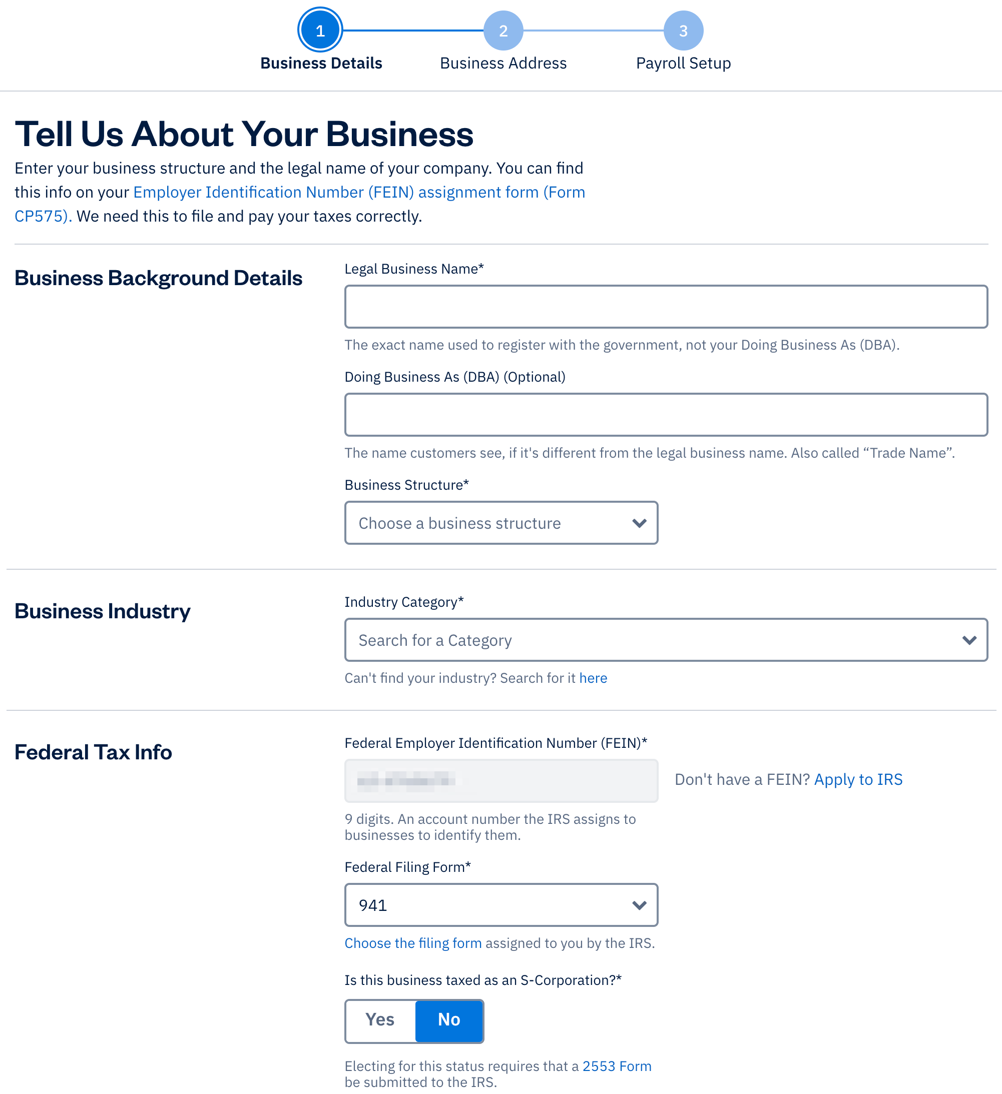Business details section with fields to fill out.