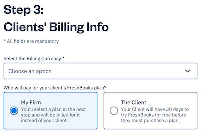 Currency dropdown and two options to choose for the client's billing.