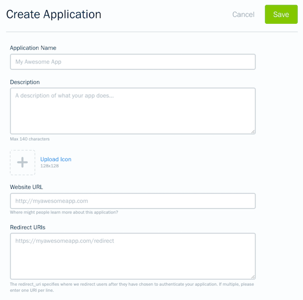 API form for a new app.