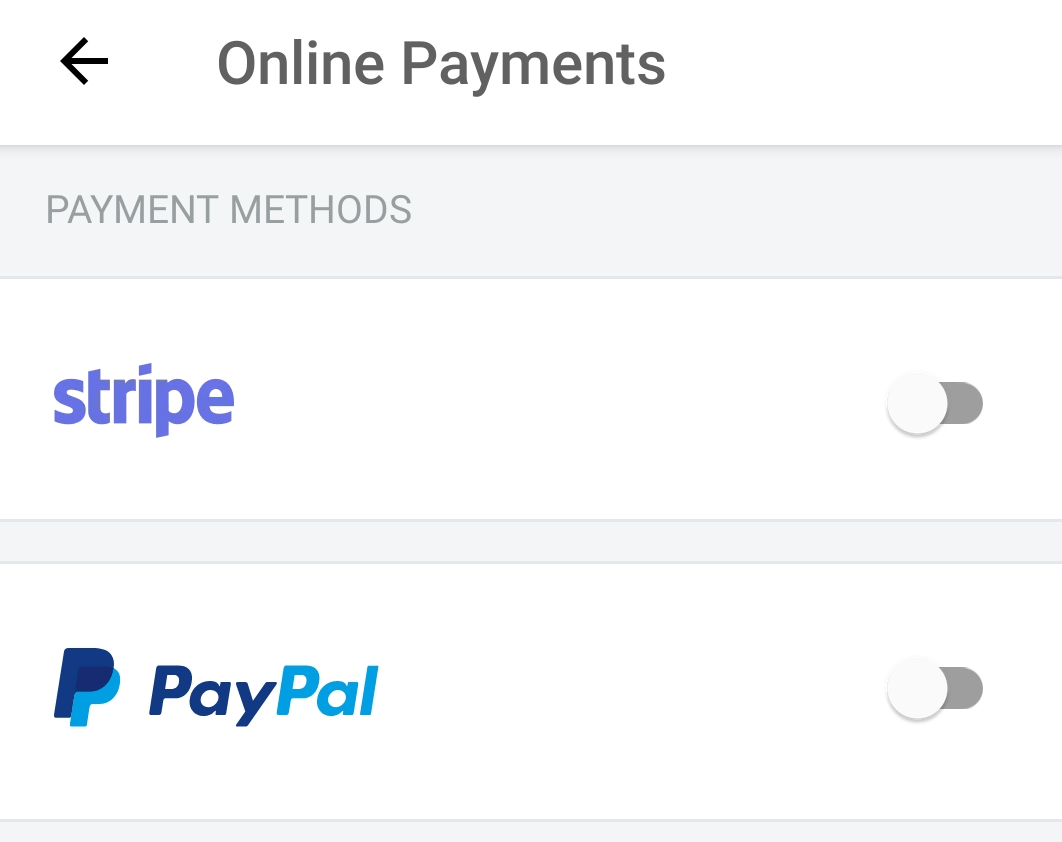 Accept online payments area with toggles to enable.