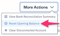 Reset Opening Balance option selected under More Actions button.