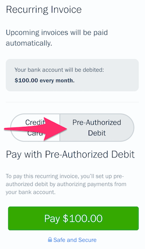 Pre-authorized debit tab on payment form of invoice.