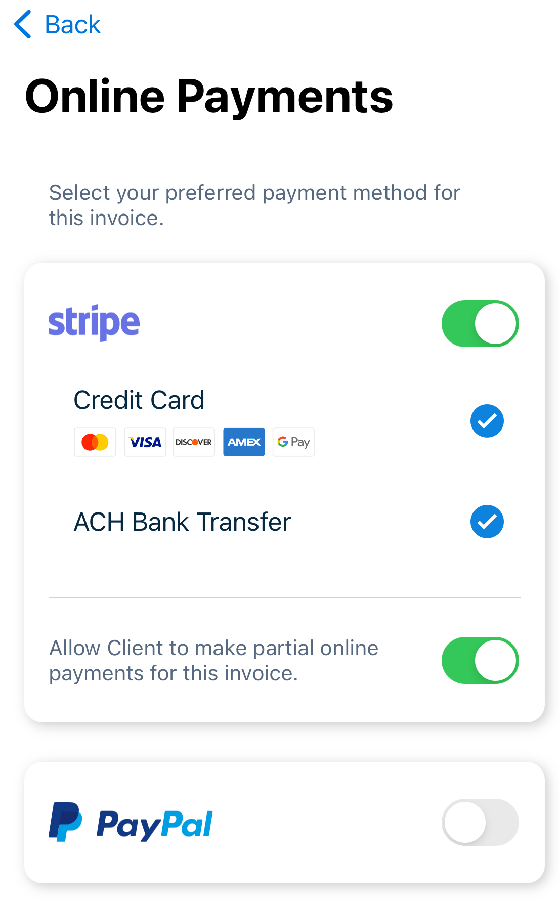Stripe enabled with credit card and bank transfer options also enabled.