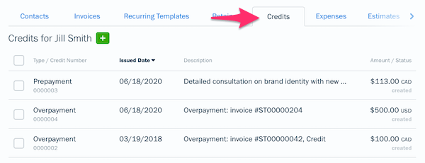 Client profile showing a sub-tab called Credits with a list of credits.