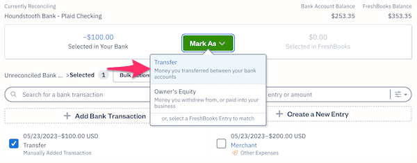 Mark as transfer option for transaction.