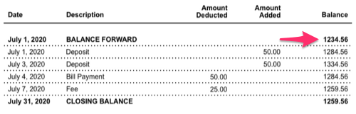 A sample bank account statement with the amount next to Balance Forward selected.