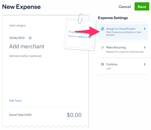 Assign to Client or Project option on expense creation screen.