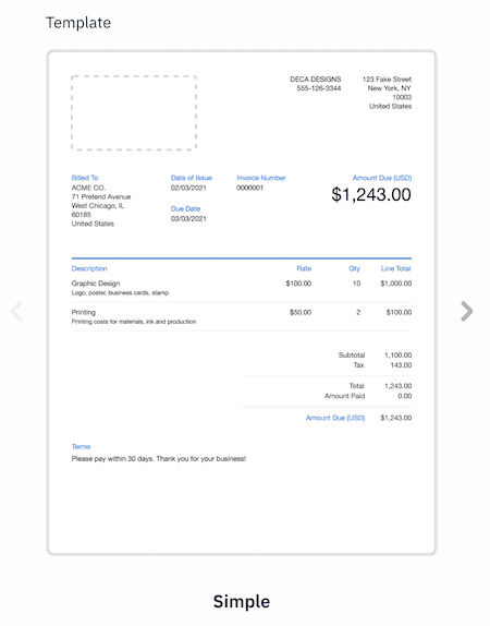 Invoice with simple template layout applied.