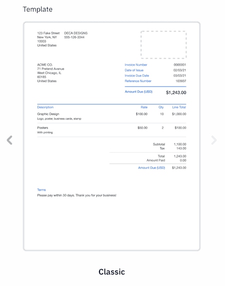 Invoice with classic template layout applied.