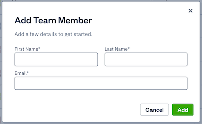 Add team member with fields for name and email.