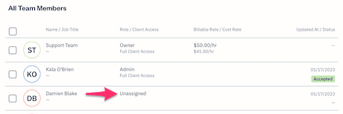 List of team members with one team member showing a status of unassigned.