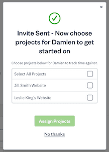 Pop-up showing invite sent with a list of projects with checkboxes next to each.