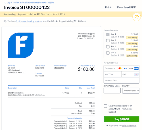 Client view of invoice with payment schedule box indicating each payment due with a checkbox next to each.