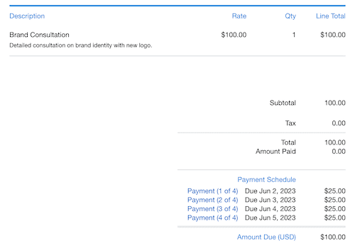 Payment schedule added onto invoice.