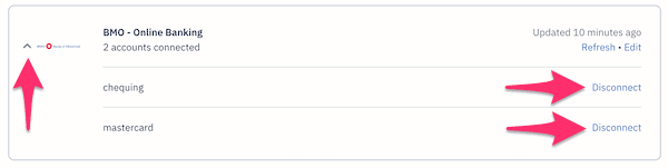 Disconnect link next to bank accounts.