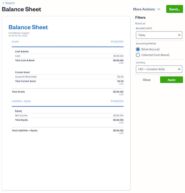 Filters on the balance sheet report.