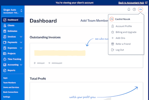 Navigation menu as an Accountant - Full Access