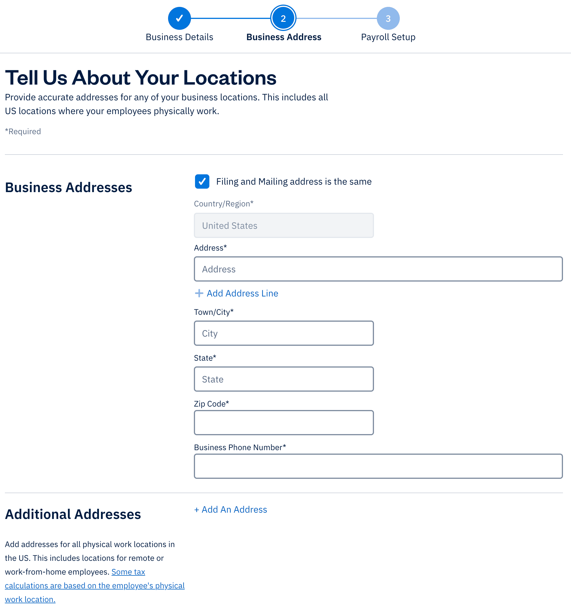 Business addresses section with fields to fill out.