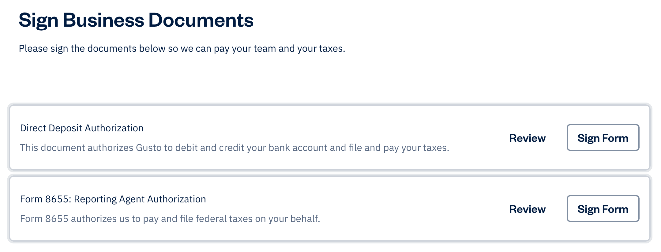 Review and sign form buttons next to two forms listed.