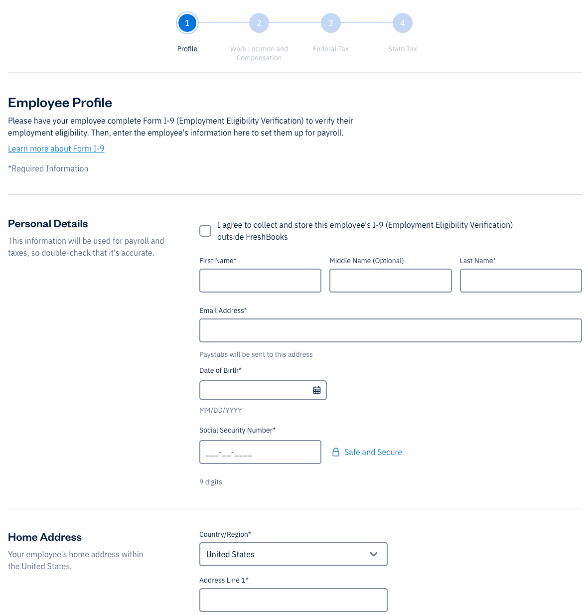 Profile section with fields to fill out.