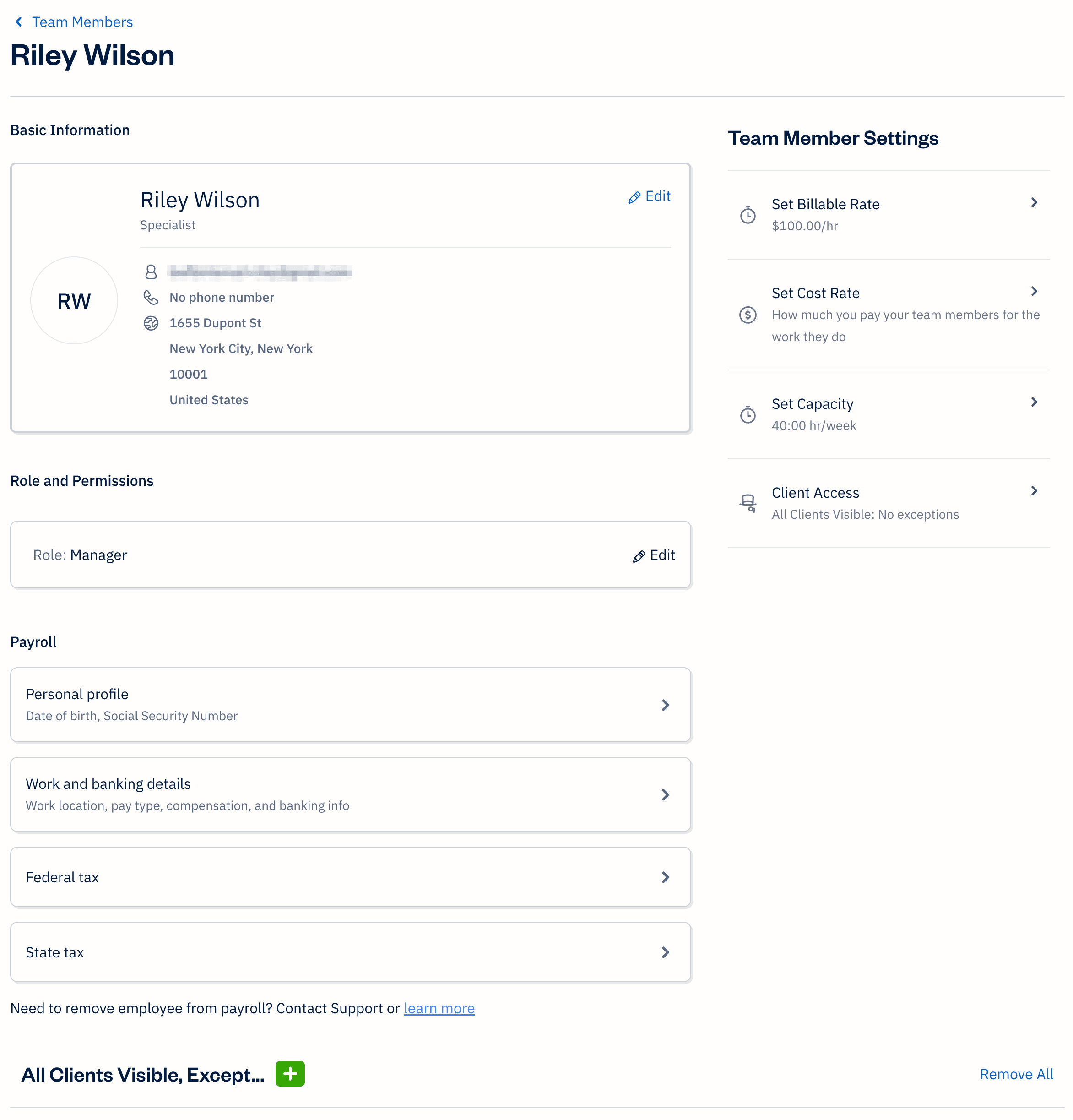 An invited team member profile showing details, settings, role type, and payroll information.