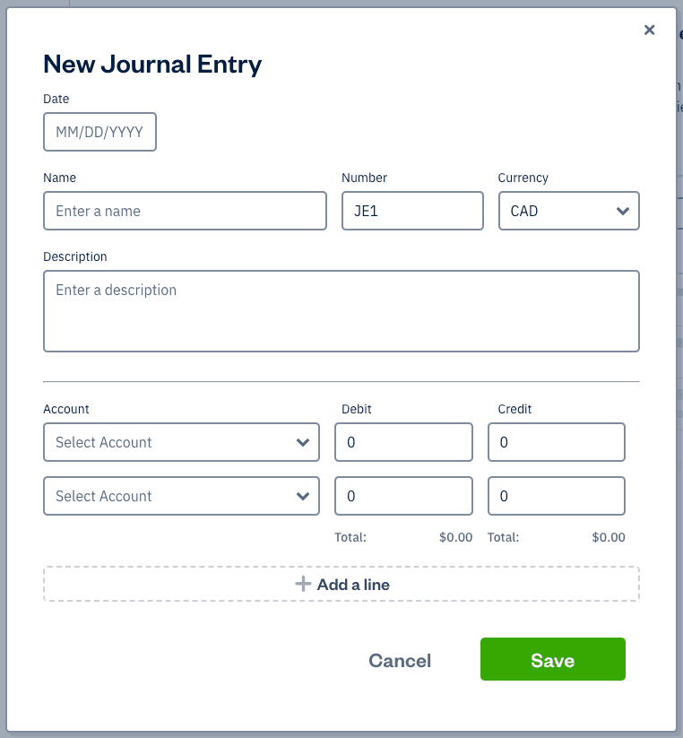 New journal entry with fields to fill out.