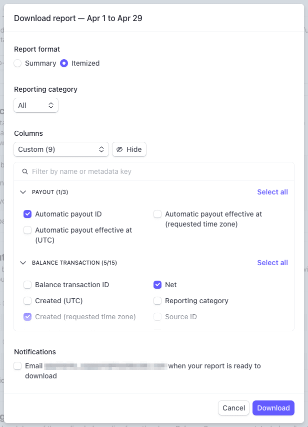 Options to customize format of report including checkboxes for specific columns.