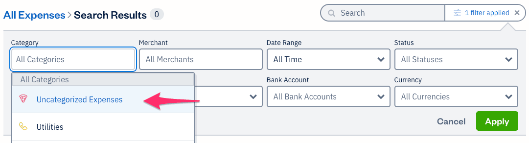 Advanced search box with uncategorized expenses selected as an expense category to filter results by.