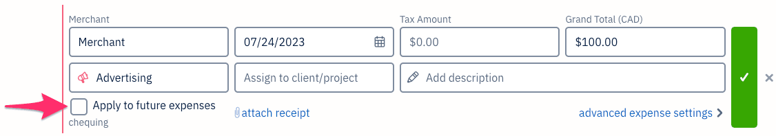 Apply to future expenses checkbox on expense.