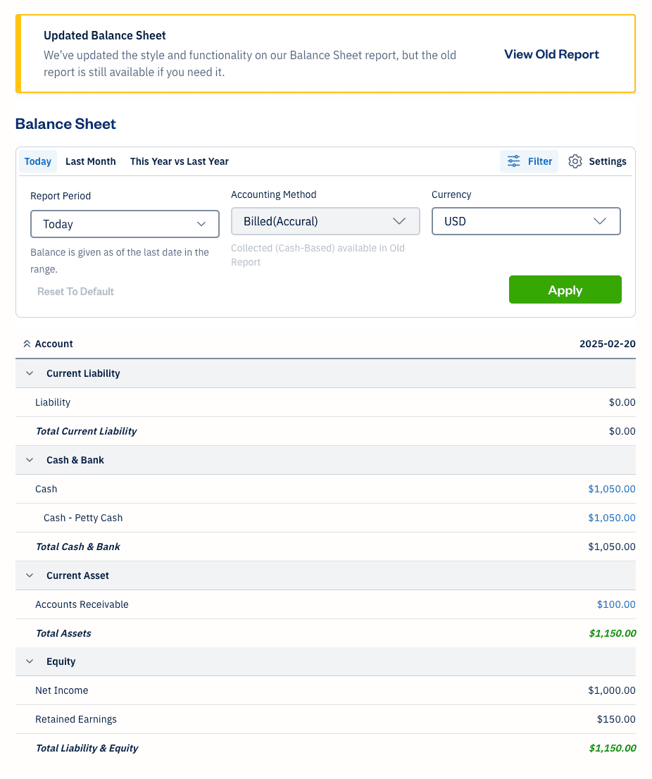 Balance sheet with filters available.