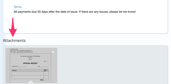 Attachments section on invoice with attachments included and a preview of attachment.