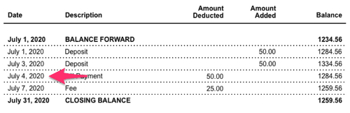 A sample bank account statement with July 4, 2020 selected in a list of transactions.