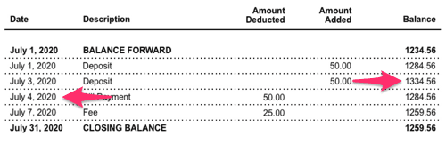 A sample bank account statement with the amount selected from a transaction dated July 3, 2020 before.