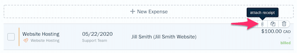 Expense with mouse hovering over it to show quick actions, attach receipt is selected.