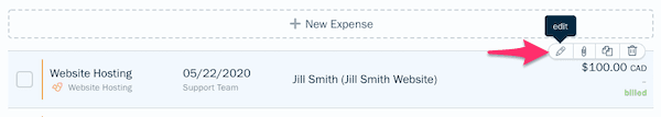 Expense with mouse hovering over it to show quick actions, edit is selected.