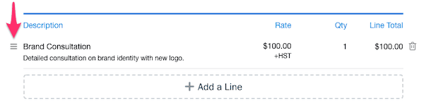 Line item on invoice with drag icon showing.