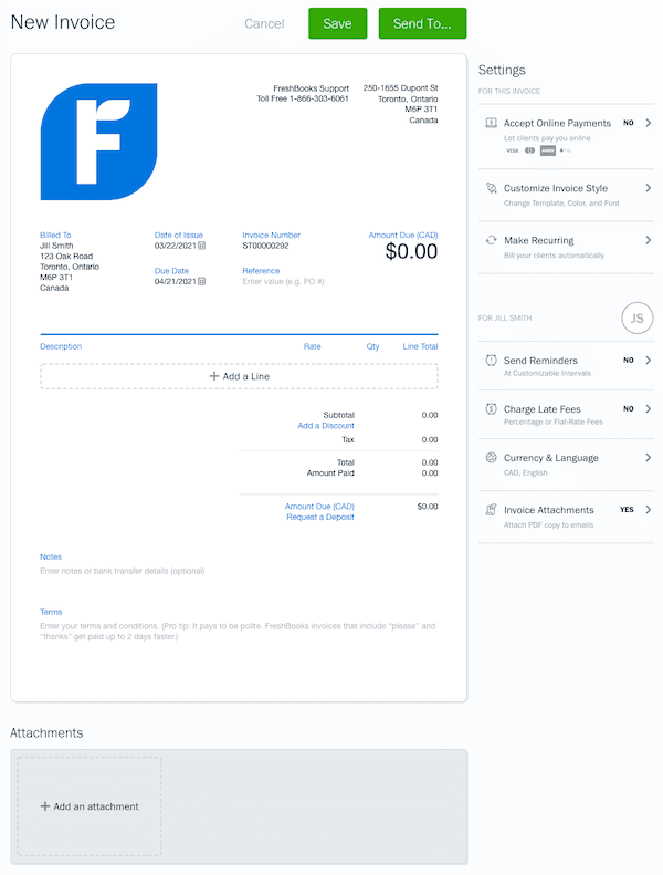 New invoice ready to be filled out.