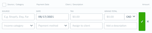 Other Income quick entry with fields to fill out.