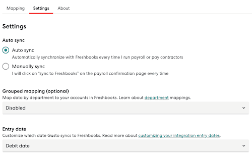 Gusto app with integration settings for FreshBooks.