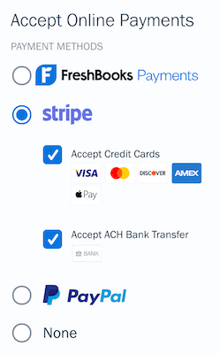 Checkboxes next to Accept Credit Cards and Accept ACH Bank Transfers on invoice.