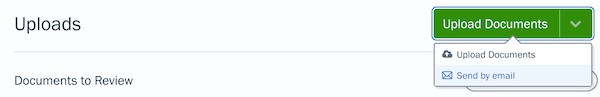 Upload button in Uploads section with option to upload documents or send by email.