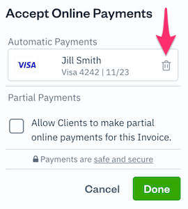 Trash can icon over saved payment information.