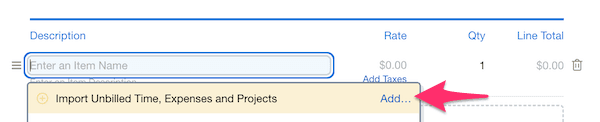 Import unbilled time, expenses and project option in dropdown to add new line to invoice.