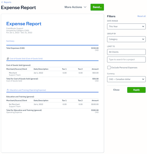 Filters on the expense report.