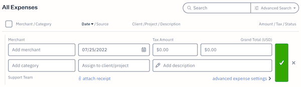 Quick expense section with fields to fill out.