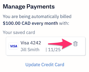 Trash can icon next to saved credit card.