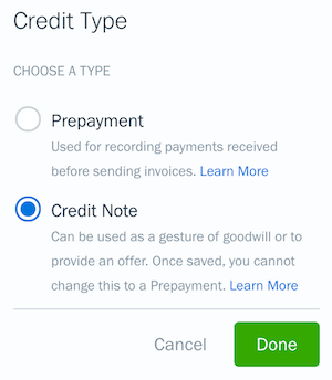 Credit Type settings with credit note option selected.